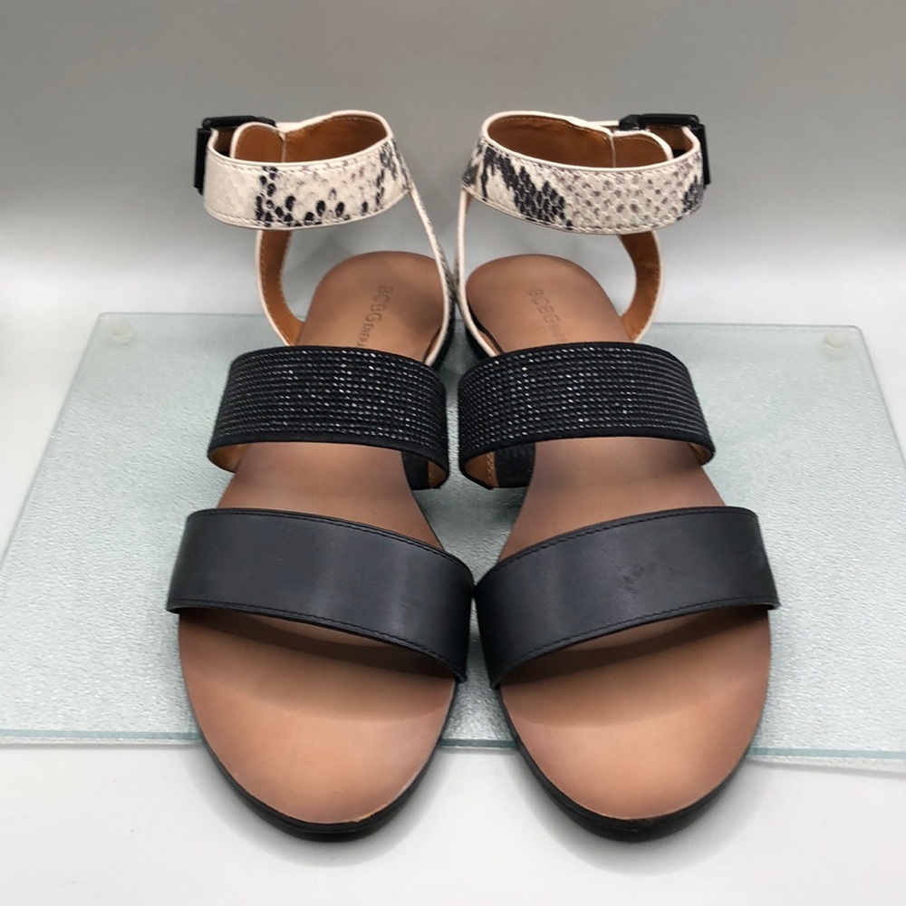BCBGENERATION leather upper and lower flat buckle ankle strap sandals 7.5